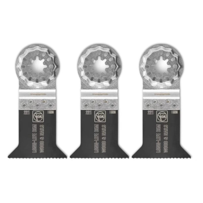 Fein Starlock E-Cut Long-Life Saw Blade - Precision Cutting for Wood, Drywall & Plastics, Bimetal with Teeth Set, Wide Shape, 2" Width, 2" Length, 3-Pack - 63502221270 - Image 1